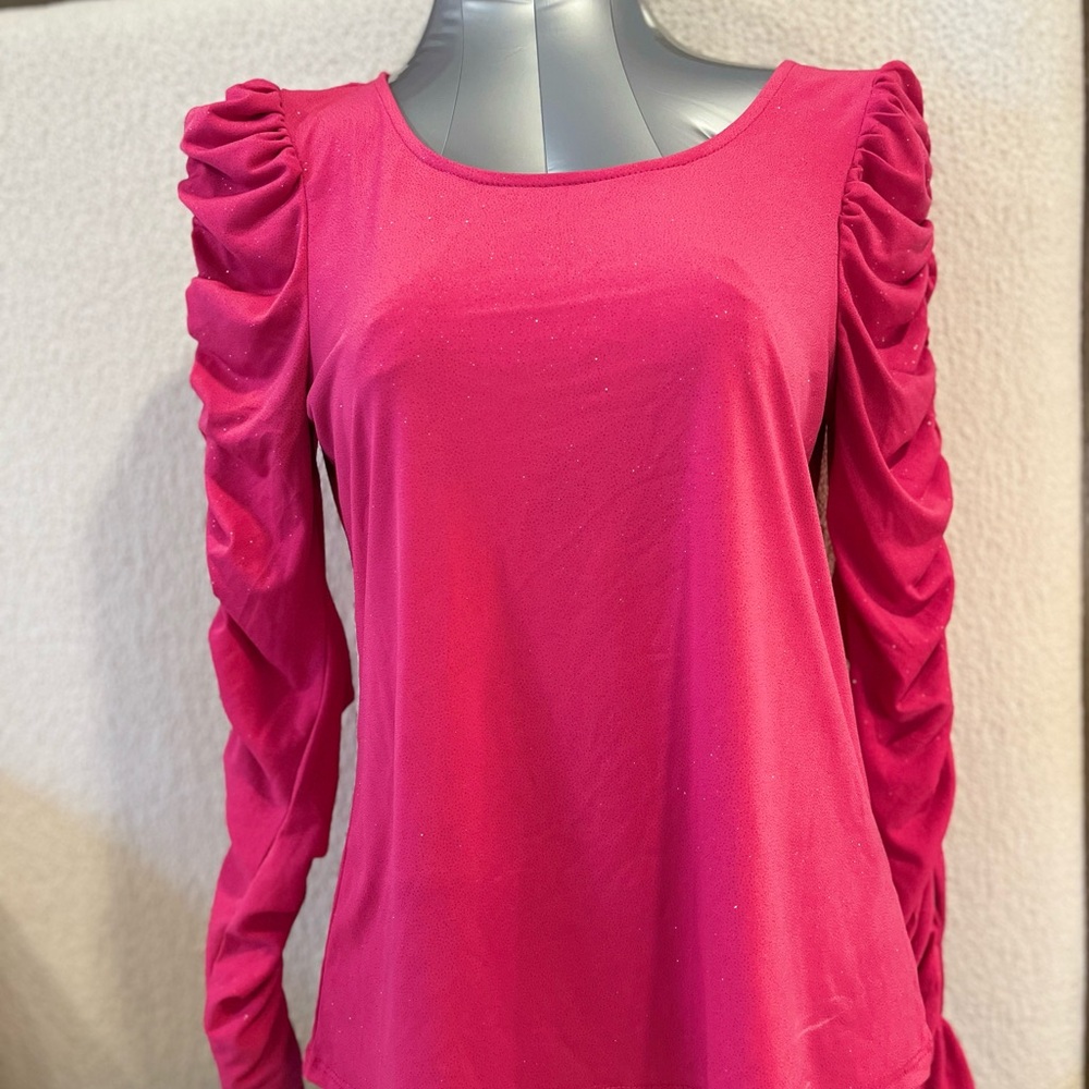 CeCe Hot Pink Ruched-Sleeve Long Sleeve Top